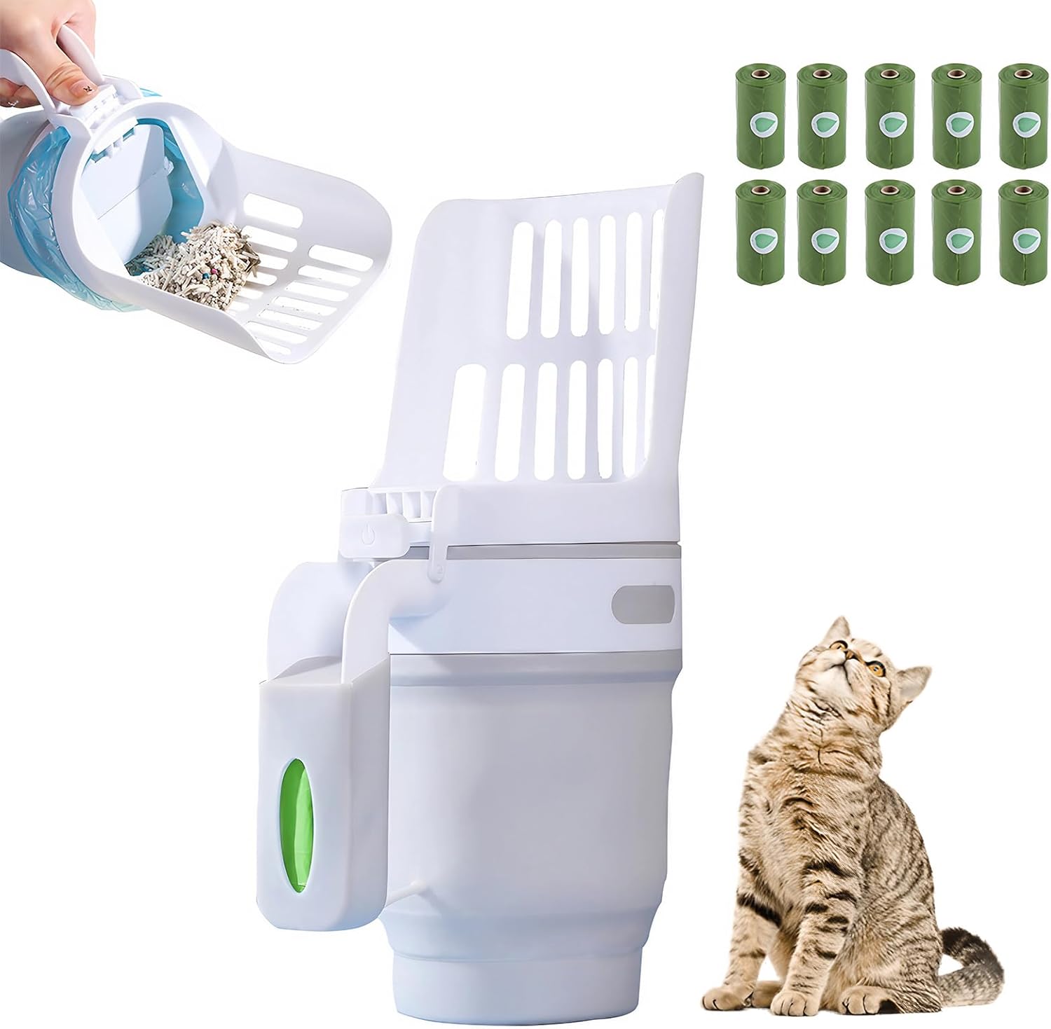 Cat Litter Scooper with Holder, Cat Poop Shovel with Waste Container and Refill 150 Bags(10 Boxes of 15 Bags), Integrated Detachable Large Capacity Cat Litter Scoop with Bags (Grey)
