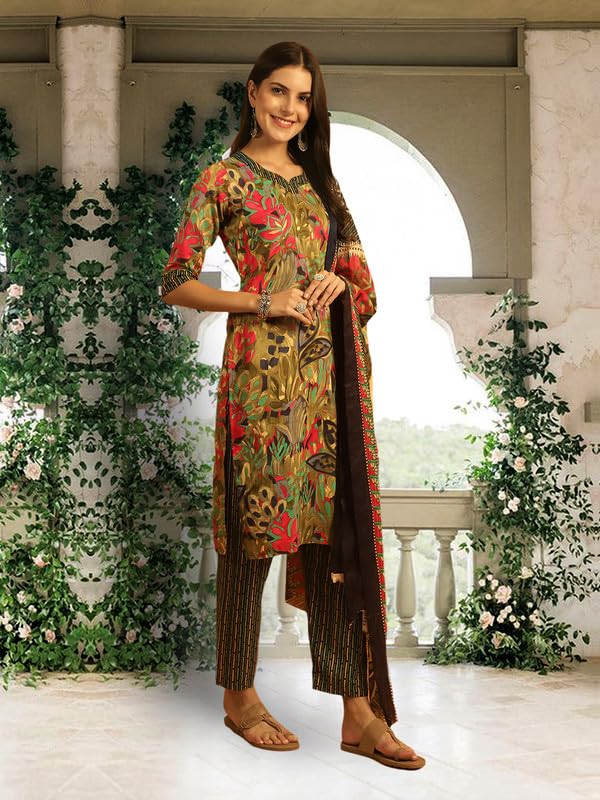 Pinkmint Kurta Set For Women Ll Cotton Flower Printed Straight Kurta & Pant With Fancy Duppata Ll Wedding Ll Formal Ll Party (Pack Of 1)