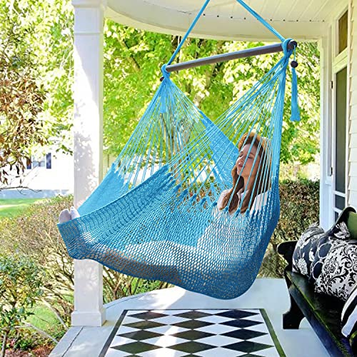 Image of Caribbean Hammock Swing Chair with Spreader Bar, Large Hammock Chair, Hand Craft Rope Hanging Chair Outdoor, Indoor, Bedroom, 330 LBS Weight Capacity, Blue