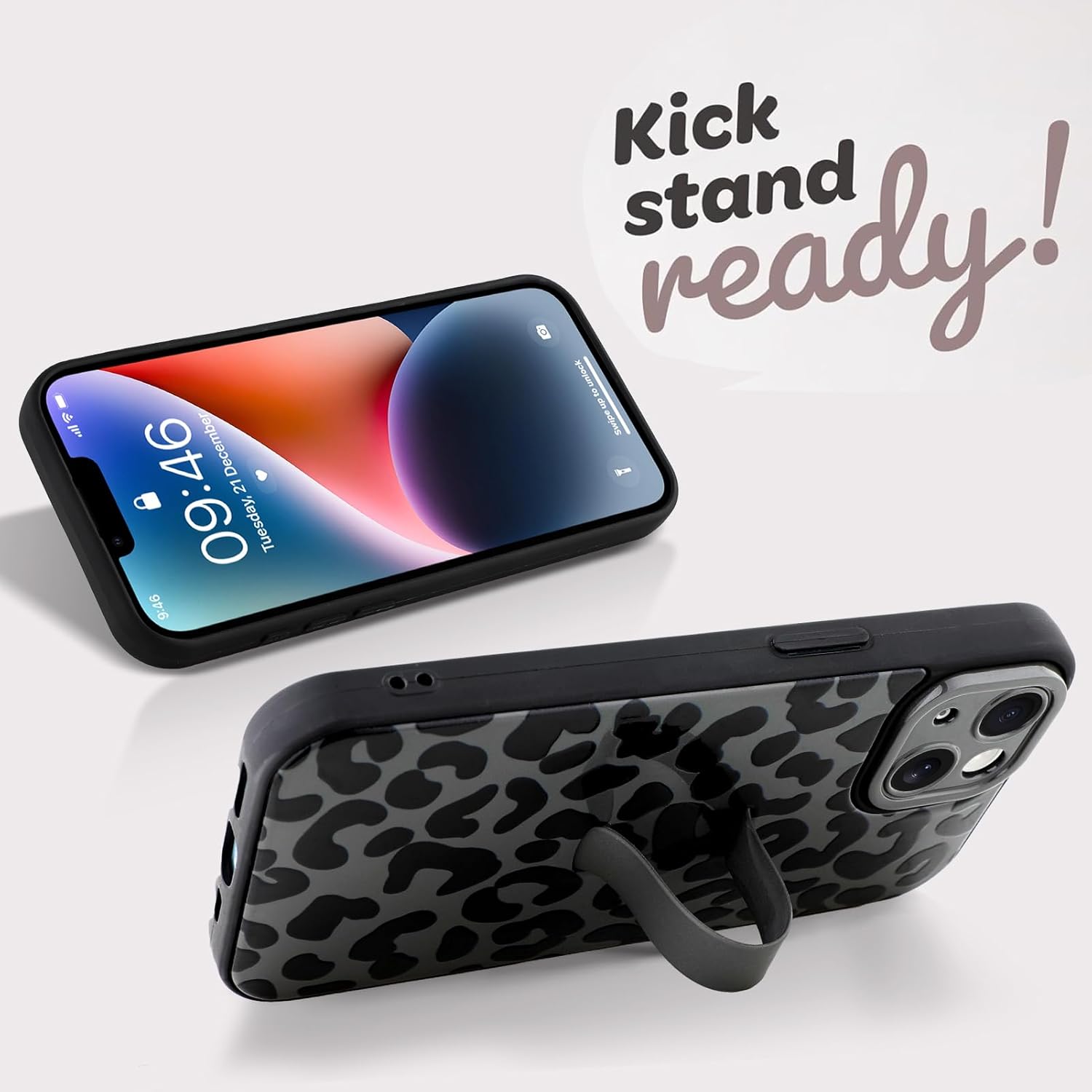 Compatible with iPhone 14 Case with Finger Hand Strap Kickstand, Trendy Cool Leopard Cheetah Print Phone Case for Women Men, Full Camera Protection Shockproof Protective Cover, Black - Image 4