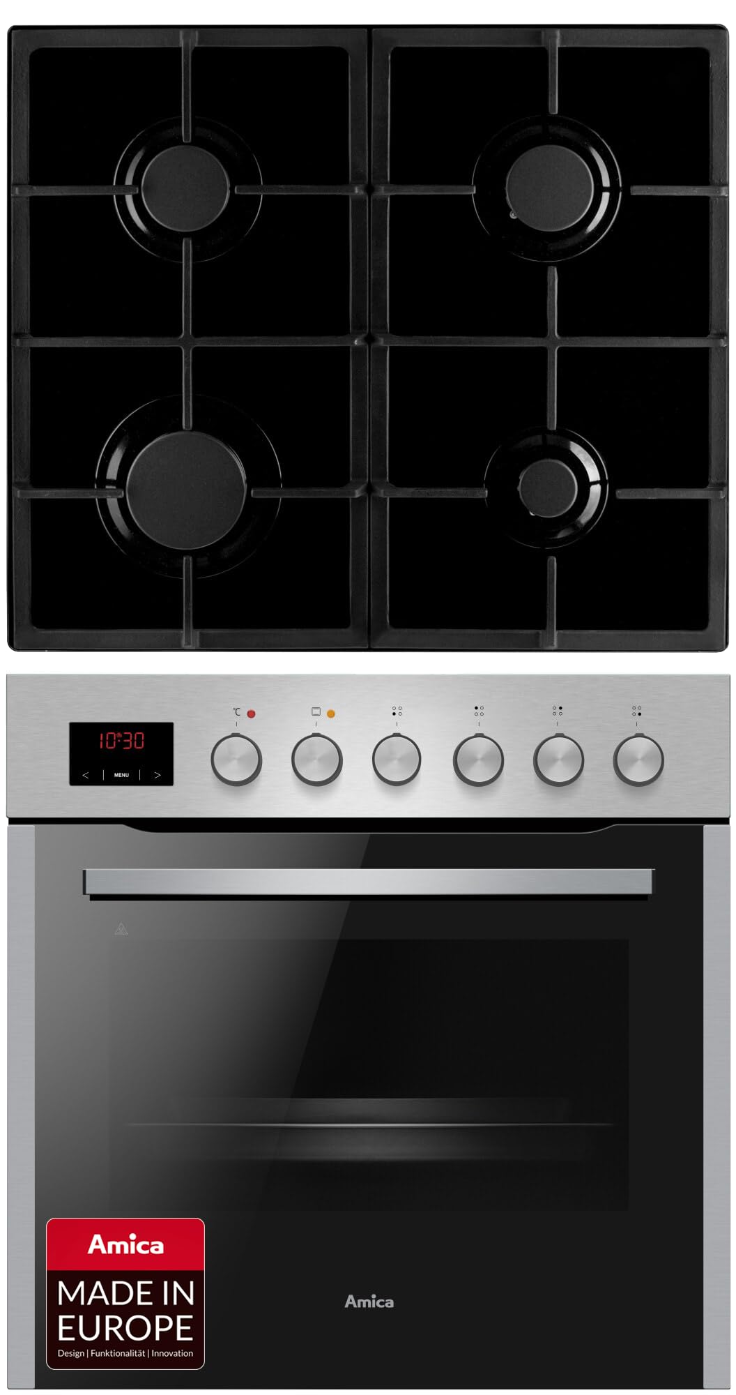 Amica Einbau Herd Set 65L Backofen Heißluft Ringsystem Gaskochfeld vier Kochzonen Gusseisentraeger SteamClean EasyClean SoftClose SensorControl 1fach Auszug