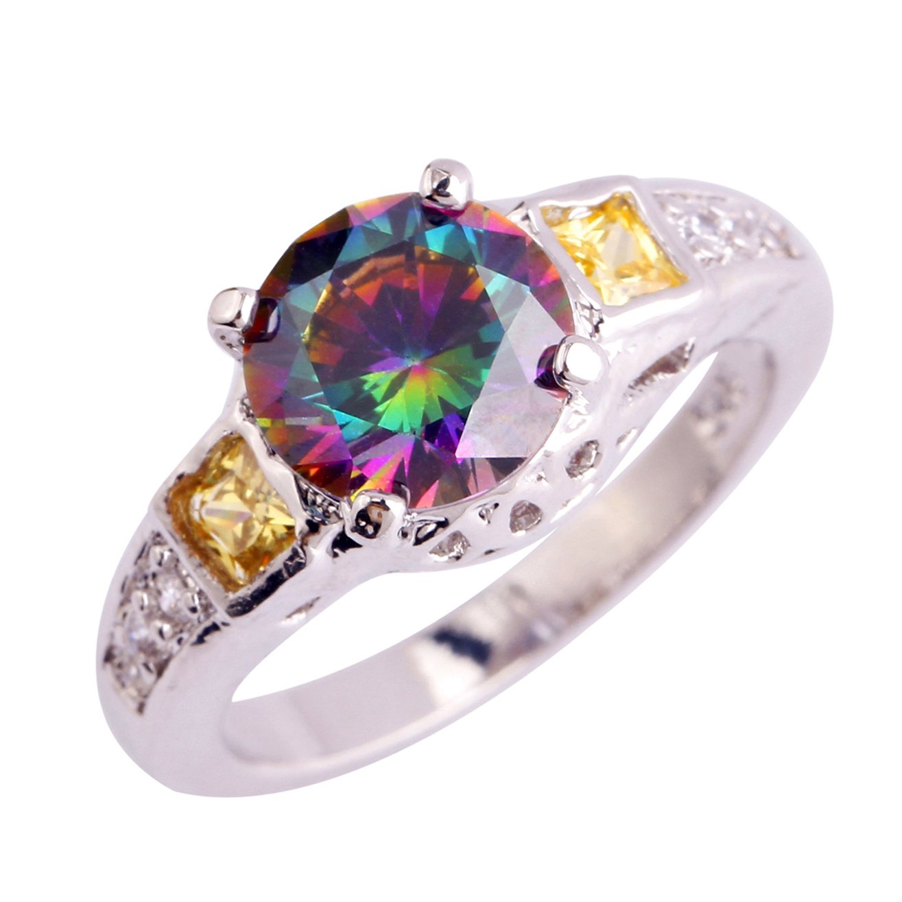Emsione 925 Silver Plated Created Rainbow Topaz Womens Ring