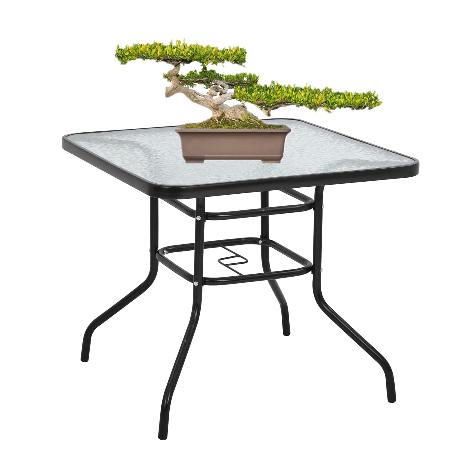 BSTOPHKL Outdoor Patio Table with Umbrella Hole, 32 inches Tempered Glass Top Square Patio Table,Conversation Coffee Table Metal Steel Frame