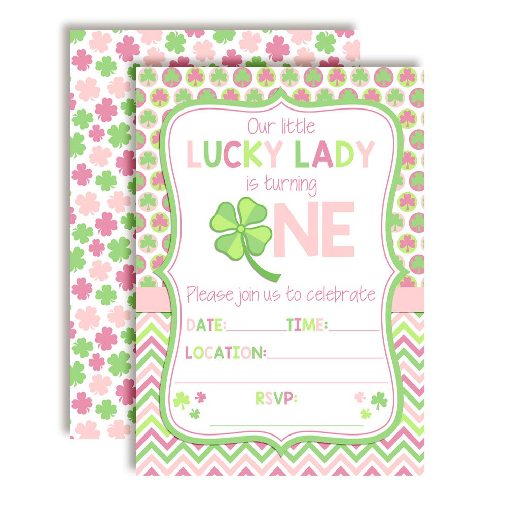 Lucky Lady First Birthday Clover St. Patrick’s Day Party Invitations for Girls, 20 5x7 Fill In Cards with Twenty White Envelopes by AmandaCreation