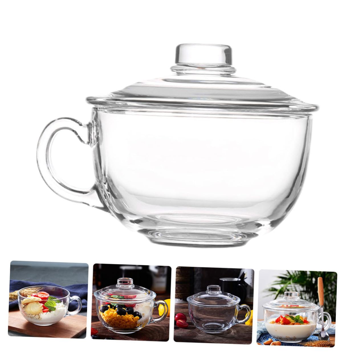 Angoily Bol de Cristal Transparente de 600Ml con Tapa y Asa Ensaladera Práctica para Desayuno Postres Leche Avena y Ensalada Recipiente para Alimentos Domésticos