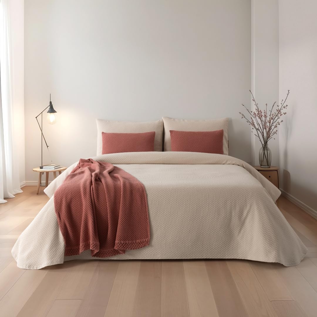 Colcha Crudo con Puntos Alexia 100% Algodón - Colchas 280x270 cm para Cama 200x200 cm - Suavidad y Elegancia para el Hogar