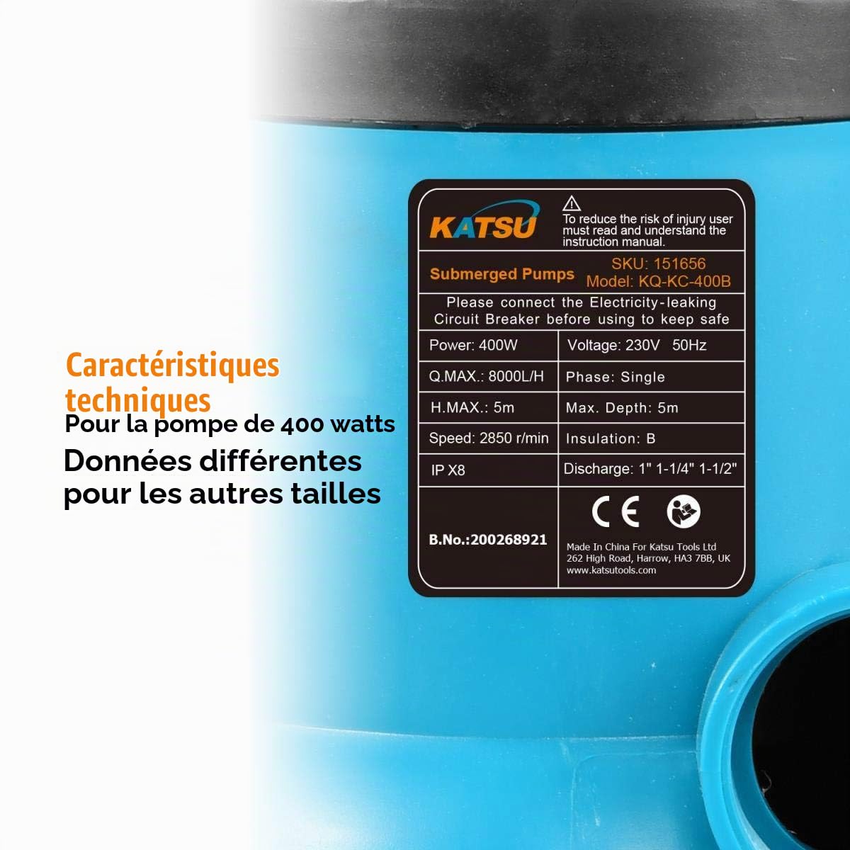 Katsu Pompe submersible portable 400 W pour eau propre et sale pour bassin de jardin, piscines et fossés + interrupteur à flotteur