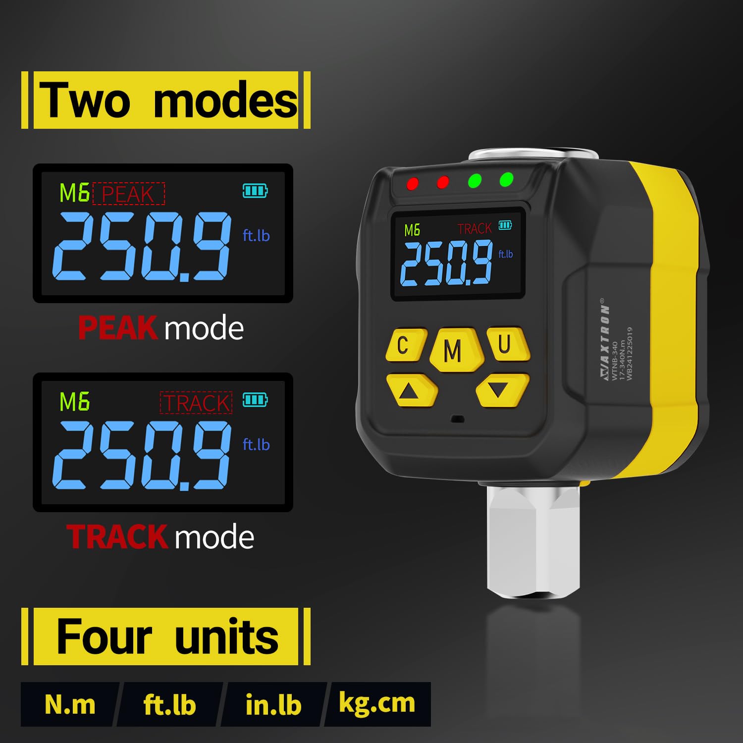 Zestaw cyfrowych adapterów momentu obrotowego 1/5.1 cm, dokładność ± 2% (3.7-76.2 m-lb), brzęczyk i wskaźnik LED, wstępnie ustawiony z przechowywaniem danych, cyfrowy miernik dynamometryczny z