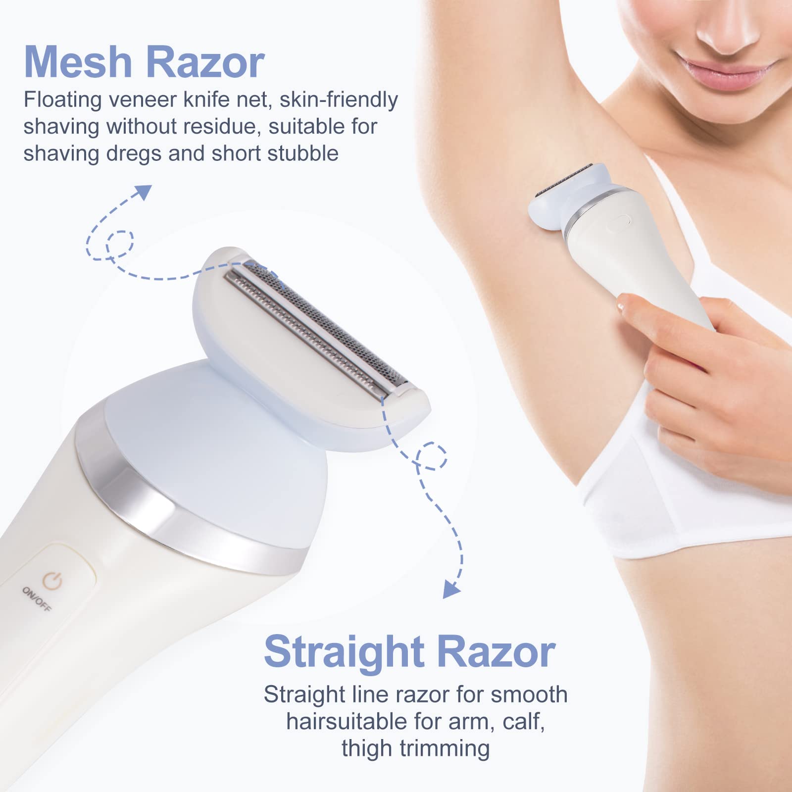 Epilateur Electrique Femme, 5 en 1 Rasoir Electrique sans Fil Rechargeable avec 2 Vitesses pour les Jambes et le Corps épilation, Épilateur électrique avec Exfoliant, Nettoyage et Massage du Visage