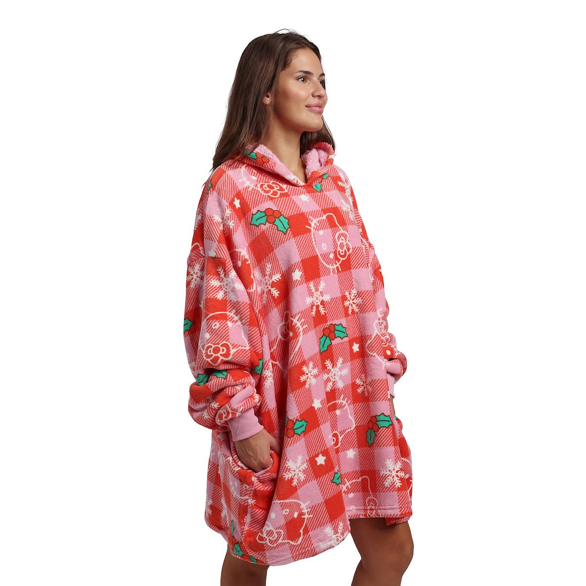 Pattern Red Hooded Wearable Oversize Blanket-OSFA: Hello Kitty Christmas Line Art