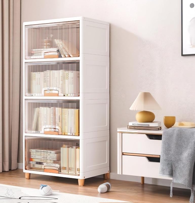 Image of Sunderlook Plastic Wardrobe for Kids Clothes - Standing Desk Premium Comfort Foldable Collapsible Wardrobes for Clothes, Large Plastic Cupboard for Kids, Men and Women (Cream White, 4 Door)