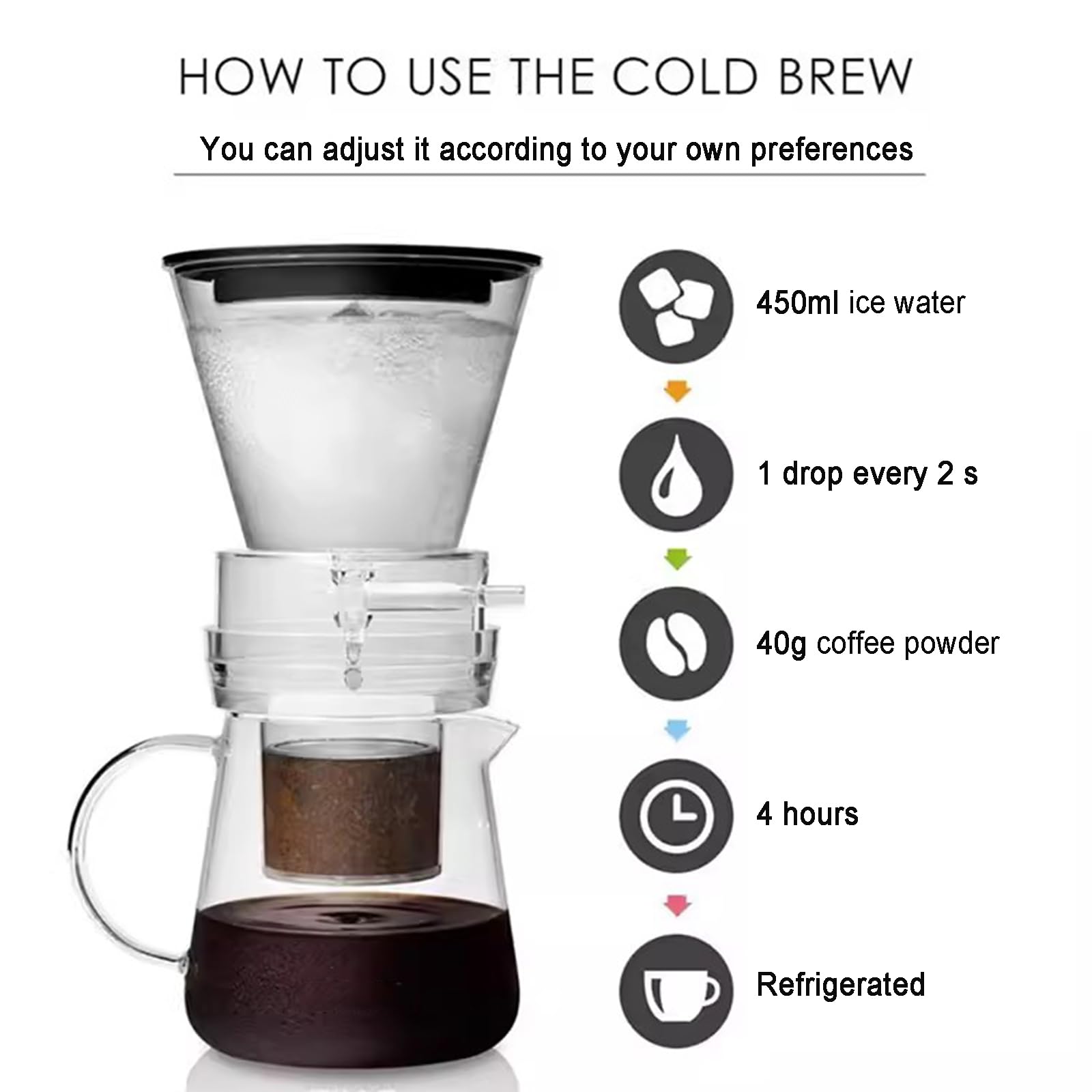 Cafetera Cold Brew, gotero de 600 ml con flujo de agua ajustable y filtro de acero inoxidable, prepara 2-4 tazas, ideal para bares y fiestas
