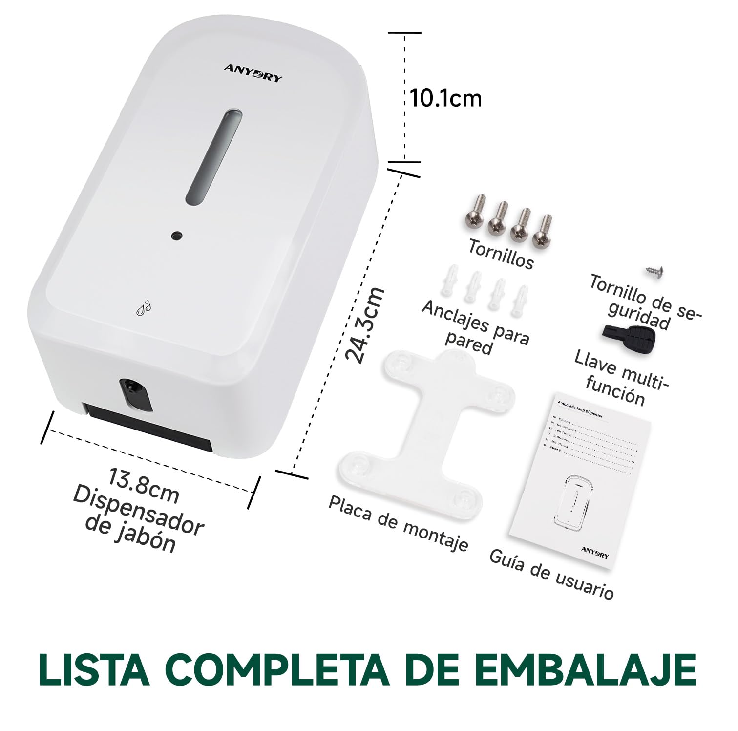 anydry Dispensador automático de jabón líquido Profesional de 1000 ml, Montaje en Pared, sin Contacto, para baños con Alto tráfico, oficinas, hospitales, Modelo 1220S Weiß
