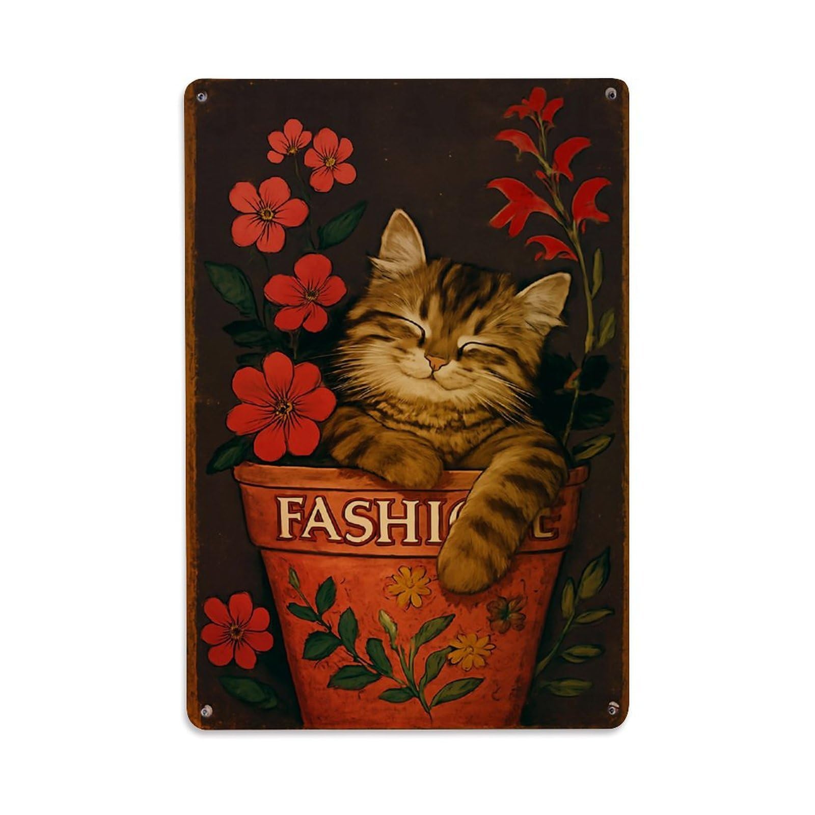 Nestemfo Vintage Cat In Flower Pot Design Tin Sign Metal Sign, Living Room,Bar, Home, Bedroom Wall Decor,Retro Metal Poster 8X12 Inches