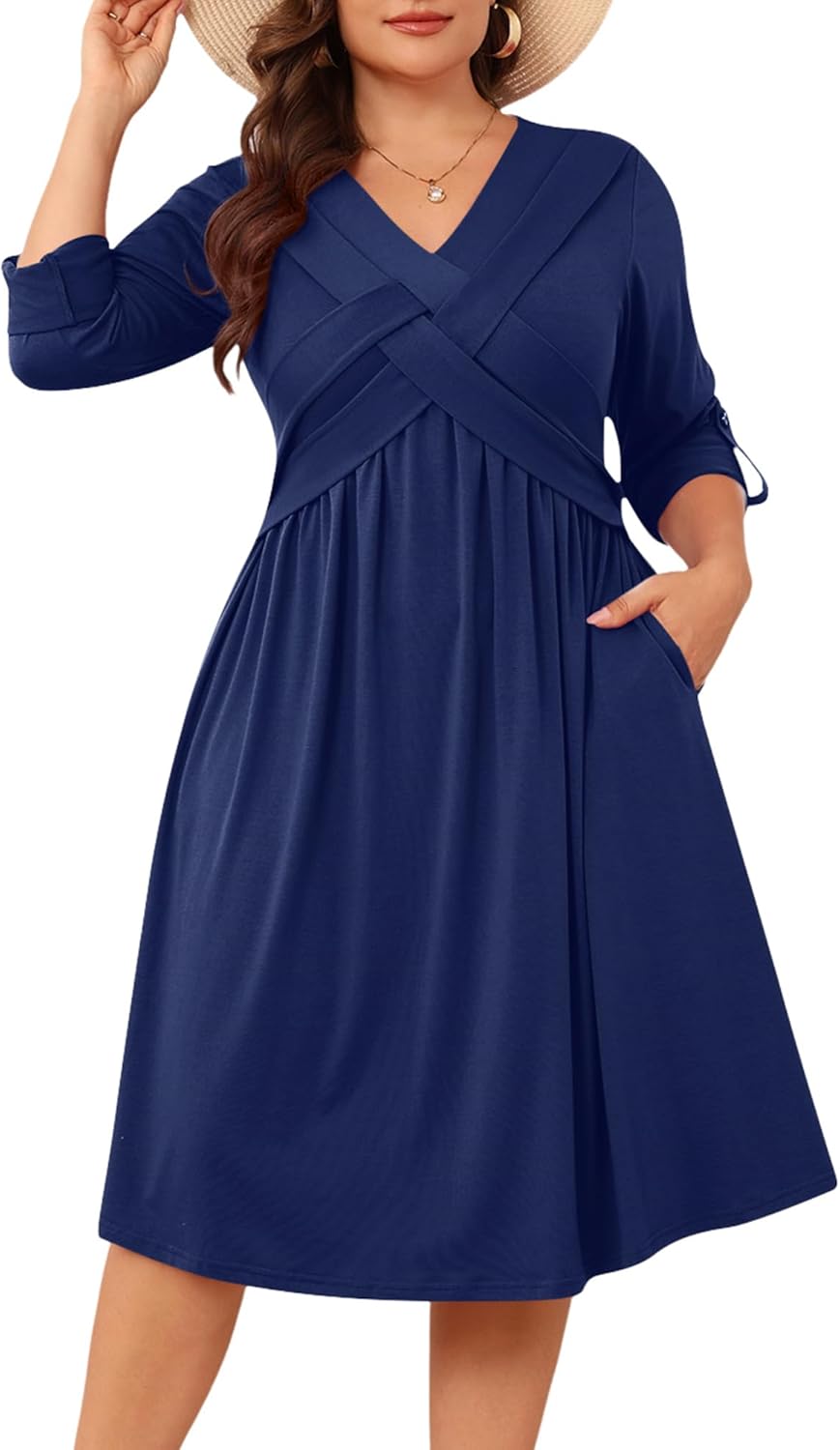 AMCLOS Womens Plus Size Dress V-Neck Elegant Cable Crossover Flowy 2 Pockets Roll up Long Sleeve Casual Party Maxi Dresses