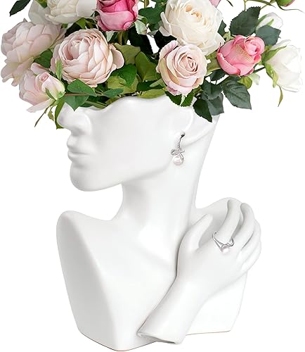 GDYOOSHOW Floreros faciales para flores, maceta de busto, jarrón de cerámica para exhibir joyas, color blanco, 9.84 pulgadas de alto, adecuado para