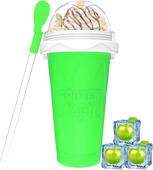 Slushy Maker Cups, DIY Magic Slushy Maker Squeeze Cups, Portable Smoothie Squeeze Cup for Juices, Milk and Ice Cream Make, Double Layers Silicone Slushie Cup with Straw for Friends,Family Gifts-green