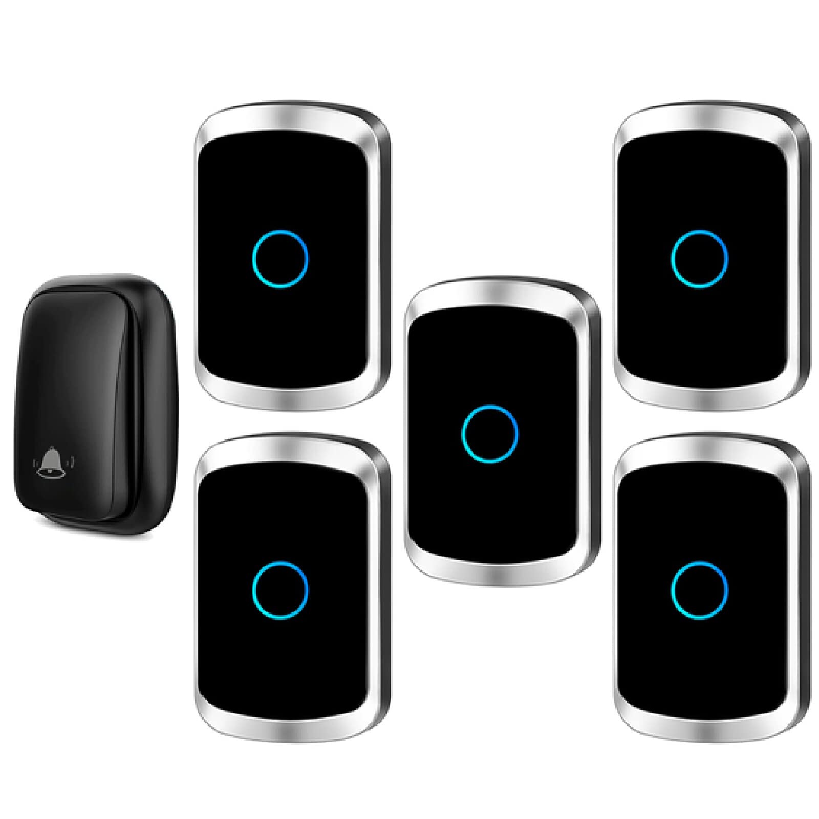 『No requiere batería』Timbre inalámbrico IP55 resistente al agua, kit de timbre de puerta con 6 receptores enchufables y 2 transmisores autoalimentados de presión, 5 niveles de volumen, 60 timbres,