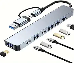 Hub USB-C e USB-A 3.0, Adaptador 7 em 2, Portátil, Veloz e Multifuncional Para Computadores, Smartphones, Notebooks, Tablets e PC