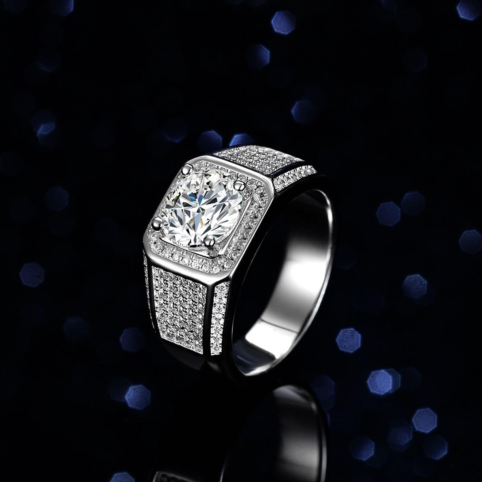 Anillo de compromiso para hombre, oro blanco de 9 quilates, 6 dientes, redondo con moissanita de 2 quilates, talla 65 (20,7)
