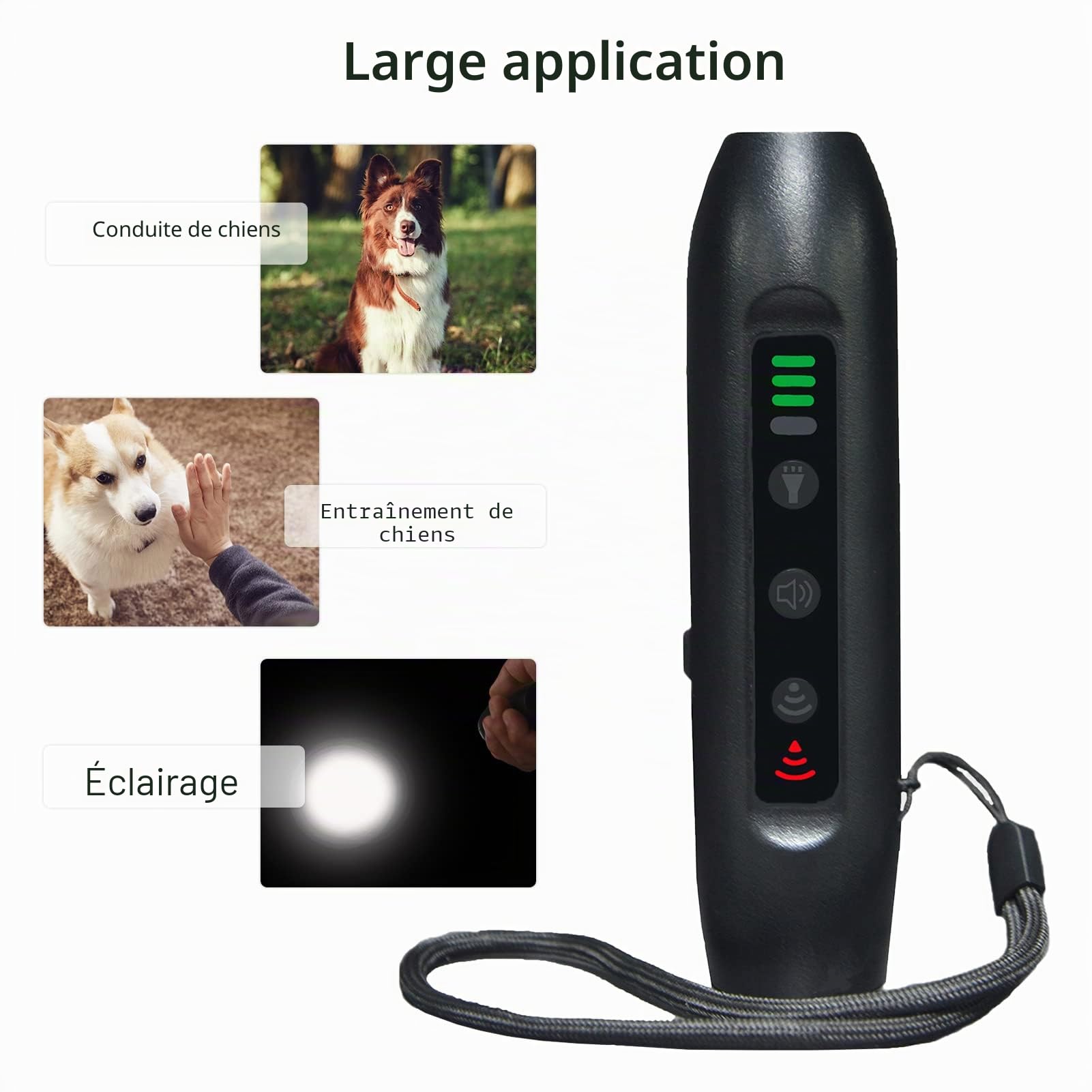 Répulsif à ultrasons pour chien - 3 modes - Portable et rechargeable - Avec lampe de poche intelligente à haute luminosité et affichage