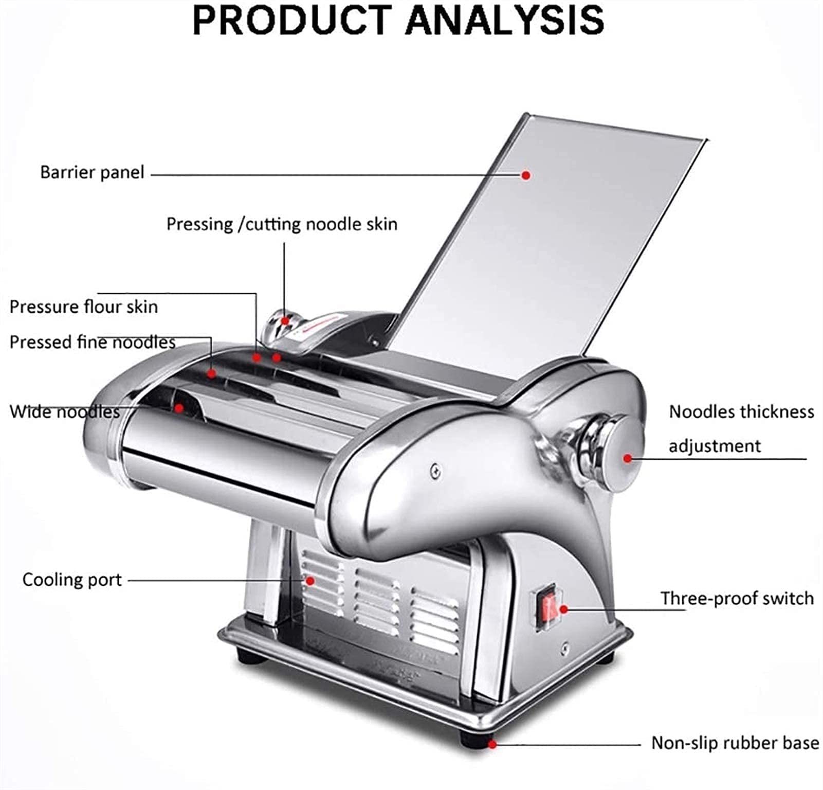 Máquina para Hacer Pasta Máquina para Hacer Pasta automática, 2 Formas Diferentes Máquina para Hacer Pasta eléctrica Comercial de Acero Inoxidable 6 Tipos de Ajuste de Espesor Máquina para Hacer Masa