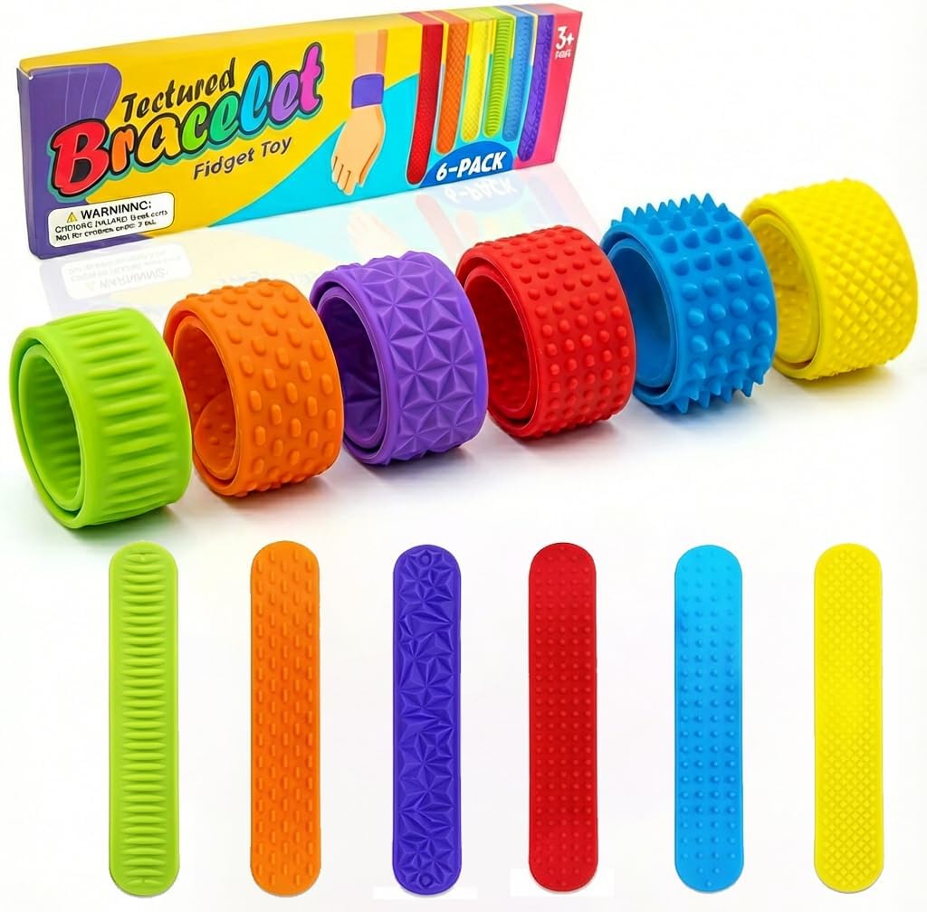 6 Pack Textured Slap Bracelets, Silent Sensory Fidget Toys for Kids & Adults, Wearable Silicone Stress Relief for Anxiety Autism ADHD, Calming Classroom Prizes, Office Desk & Airplane Travel Toys