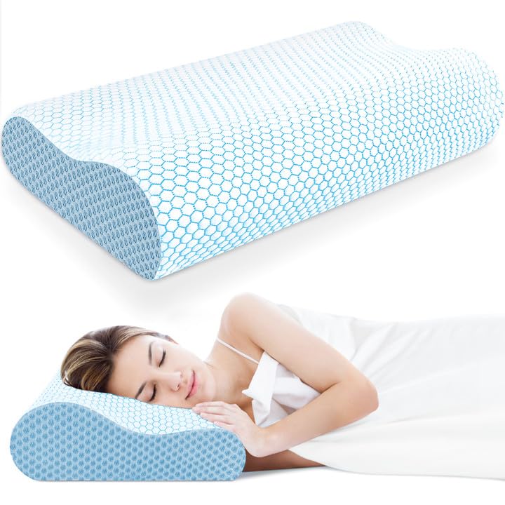 Tempur-Pedic Memory Foam Pillow, Ergonomic Neck Contour Cervical Pillow for Neck and Shoulder Pain, Orthopedic Pillow for Neck Pain Relief, for Sleeping Side, Back, Stomach Sleepers - Blue, Standard