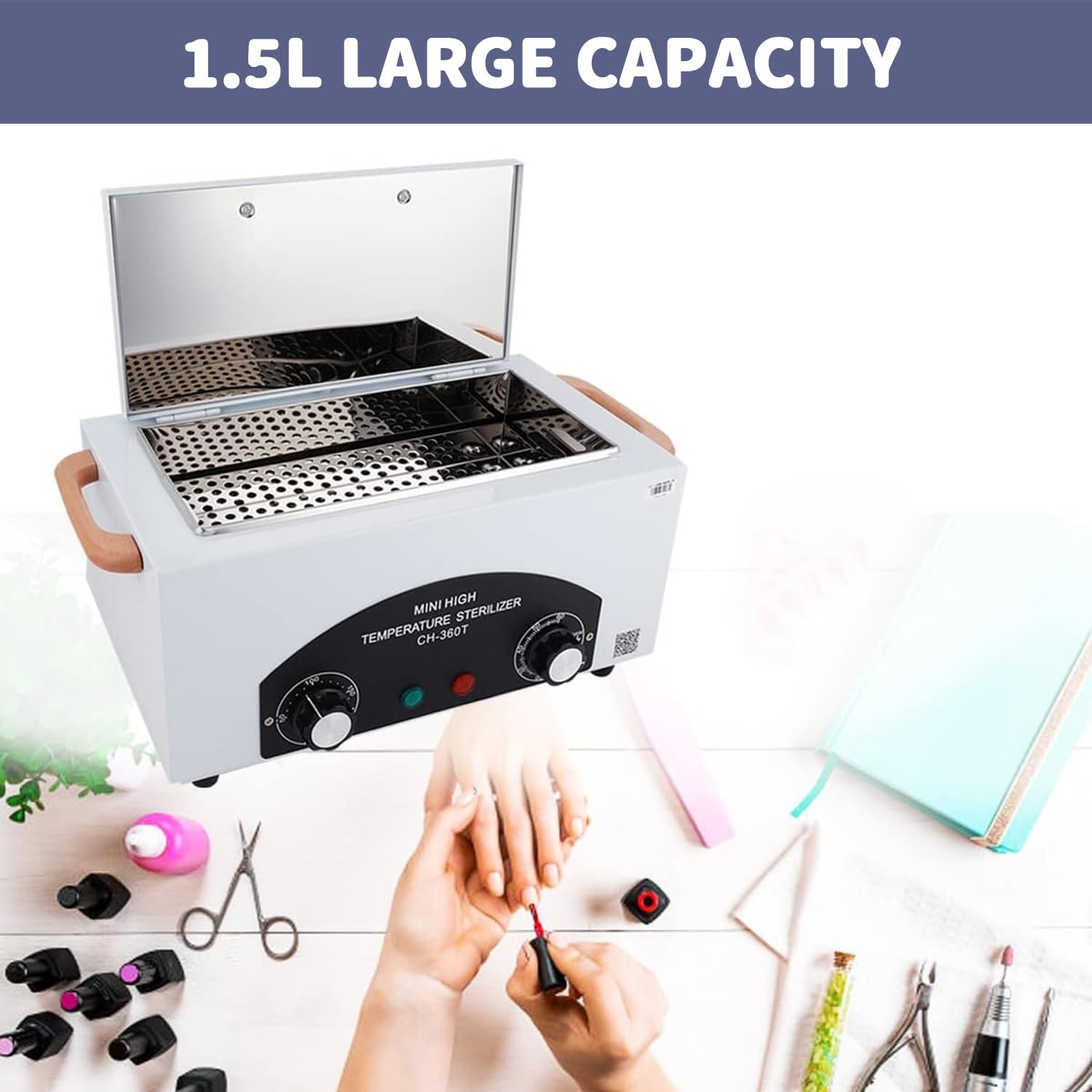 1.5L Heißluftsterilisator 220°C 300W Temperatur Einstellbar Sterilisator für Instrumente mit Timer Nagel Werkzeug Pinzetten Schere Sterilisator für Kosmetik Fusspflegestudios Friseursalon