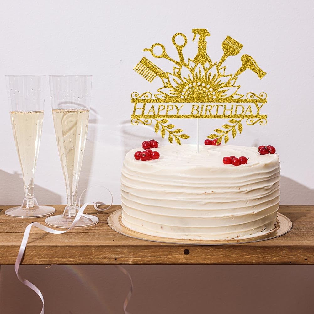 Hairstylist Birthday Cake Topper - Gold Glitter Barber Decorations For Hairdresser Birthday Parties
