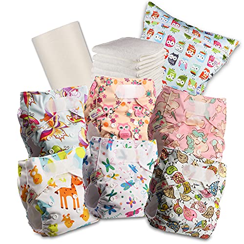 Littles & Bloomz Pañal reutilizable para bebé, con velcro estándar, 6 pañales + 6 entredós, 1 forro de bambú desechable, 1 bolsa de pañales húmedos, 603VM6