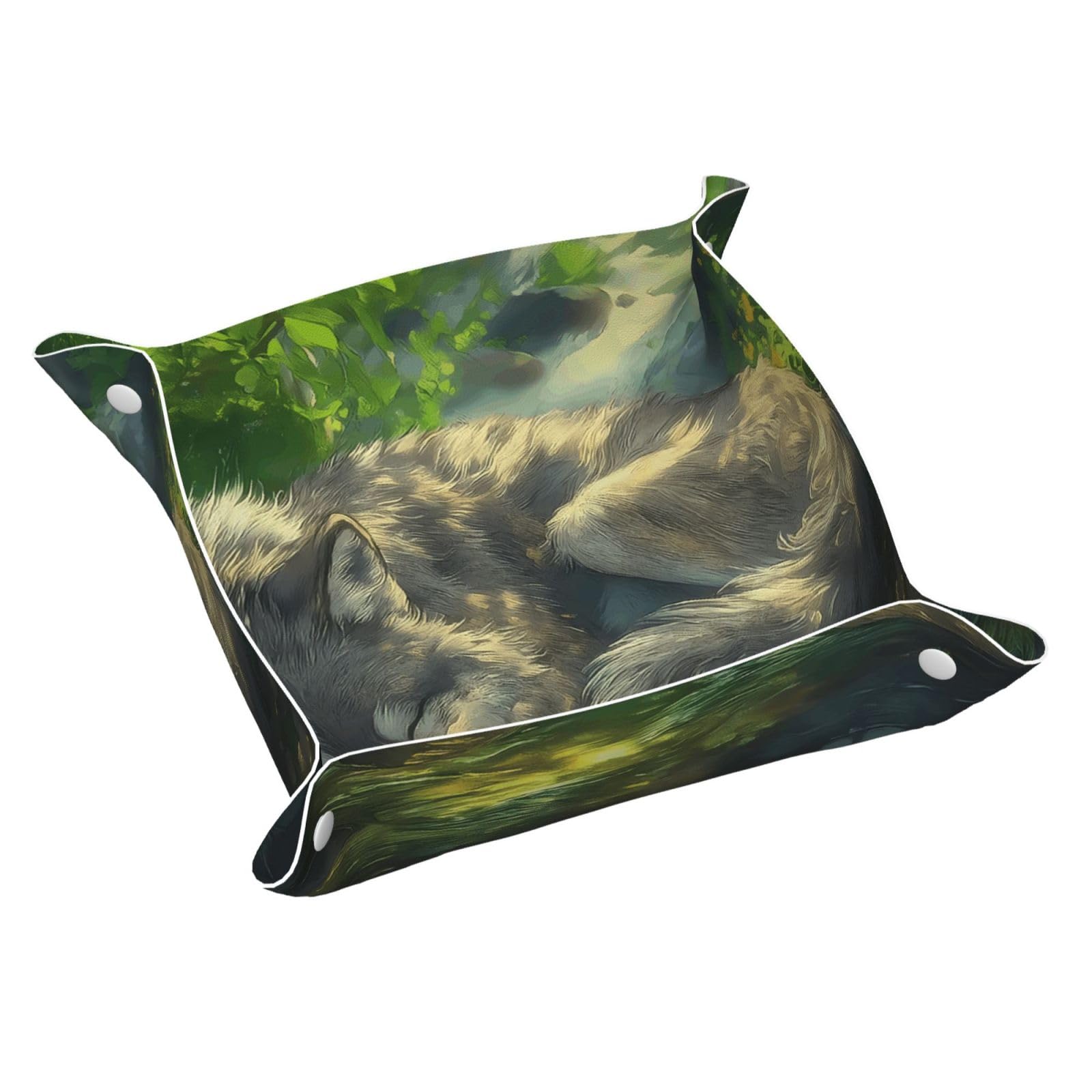 HLBSDM Sleeping Wolf in Forest at Sunny Tray Men's Leather Valet Parking Portable Entrance Trays Bedside Storage Box