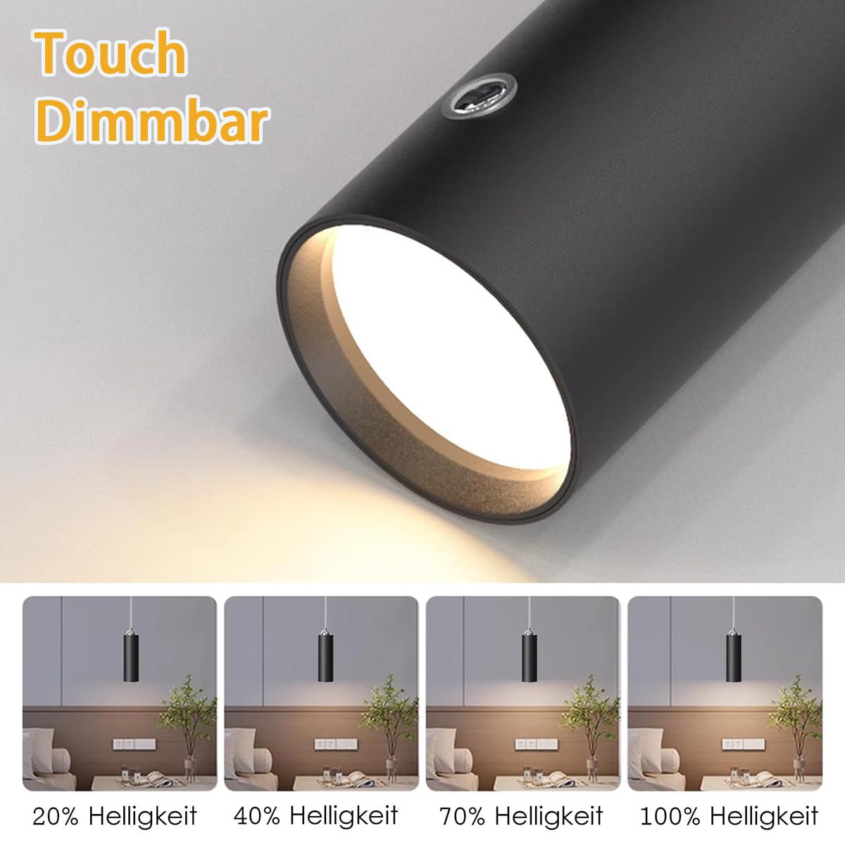 2 Stück Akku Pendelleuchte Schwarz LED Hängelampe Touch Dimmbar 3000K Warmweiß Hängeleuchte Modern Zylinder Pendellampe Batteriebetriebene, Höhenverstellbar, für Nachttisch Schlafzimmer Küche, 11cm