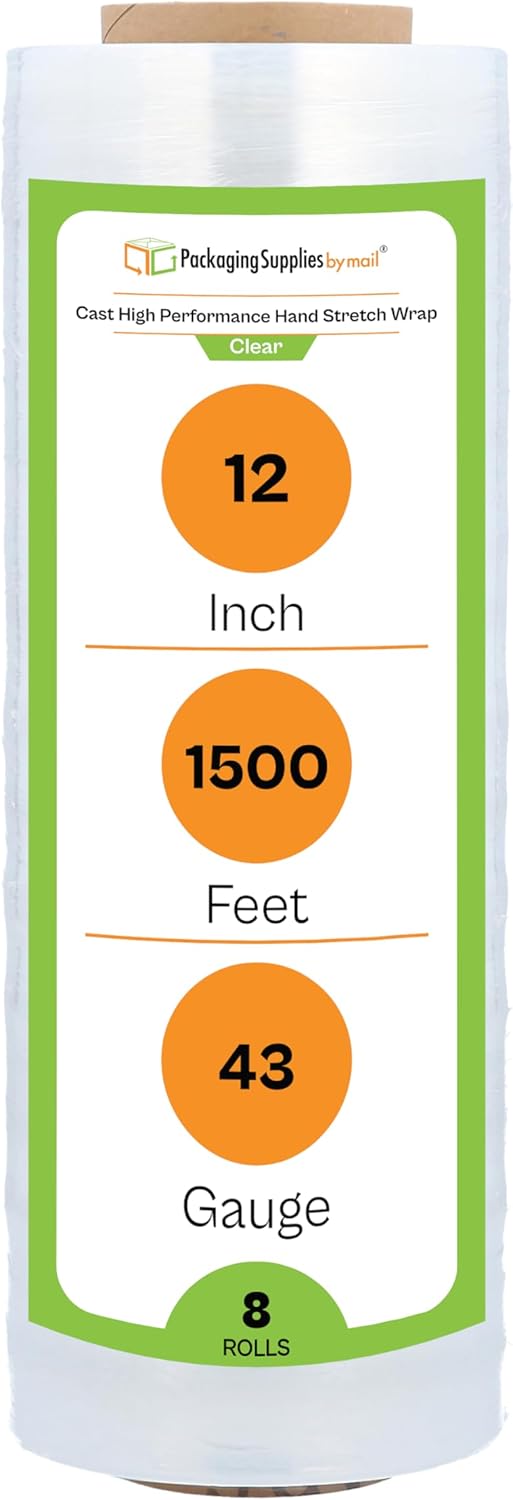 PSBM 4 Rolls 12 Inch x 1500 Feet 43 Gauge Stretch Film/Wrap, Industrial Strength Clear Shrink/Plastic Wrap for Moving, Packing, Shipping, Pallet Wrapping & Storage