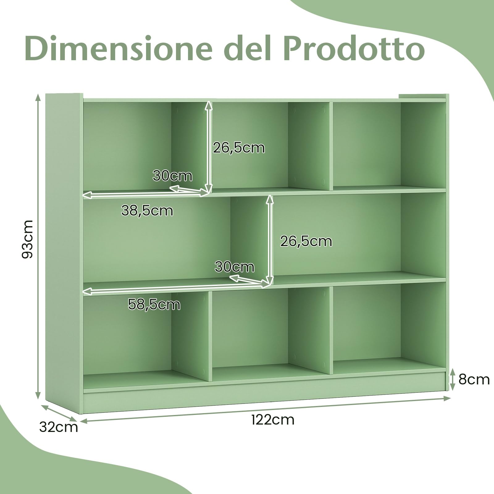 COSTWAY Libreria Scaffale da Terra con 8 Cubi, Libreria Multifunzione in Legno con Anti-ribaltamento, Salvaspazio per Cameretta, Soggiorno e Studio, Portata 220 kg, 122 x 32 x 93 cm (Verde)