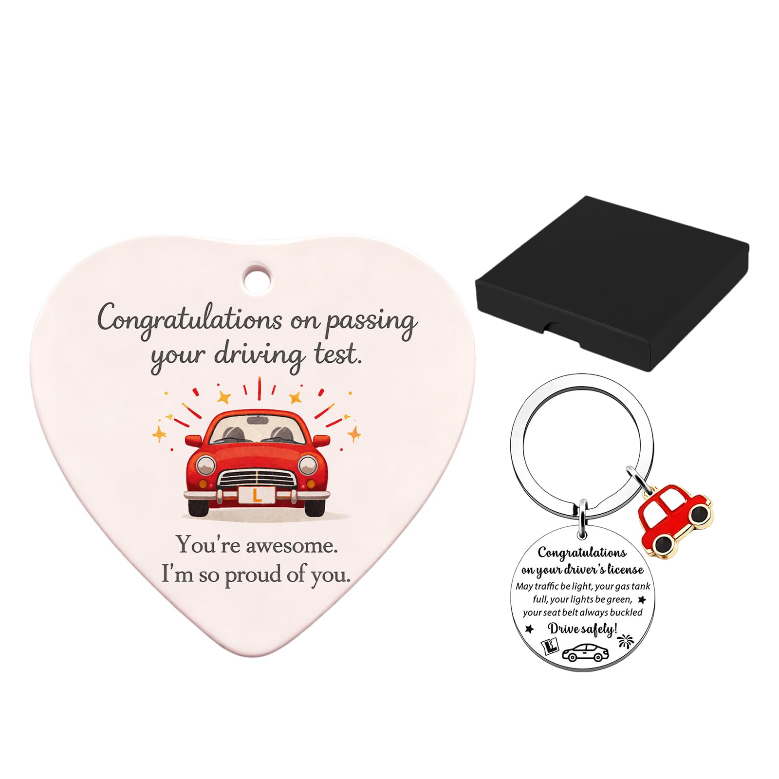Muiltvoe Passed Driving Test Gifts For New Drivers Heart Ceramic Hanging Ornament With Red Keyring And Black Box Special Car Gifts To Say Congratulations Drive Safe Token