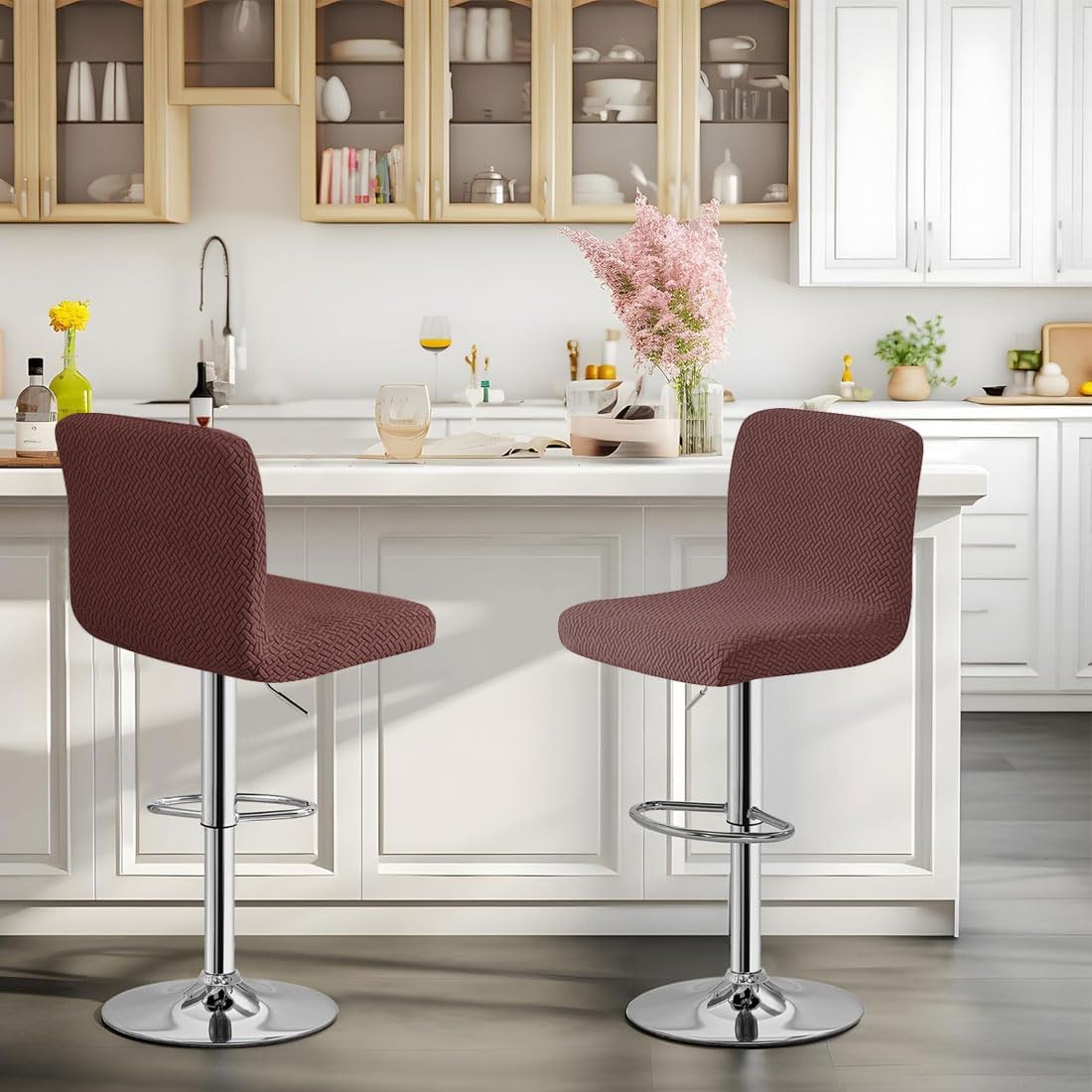 Waterproof Bar Stool Covers with Backs, Stretch Jacquard Bar Stool Chair Covers with Back Washable Bar Chair Covers Swivel Barstool Slipcovers Set of 2, Coffee
