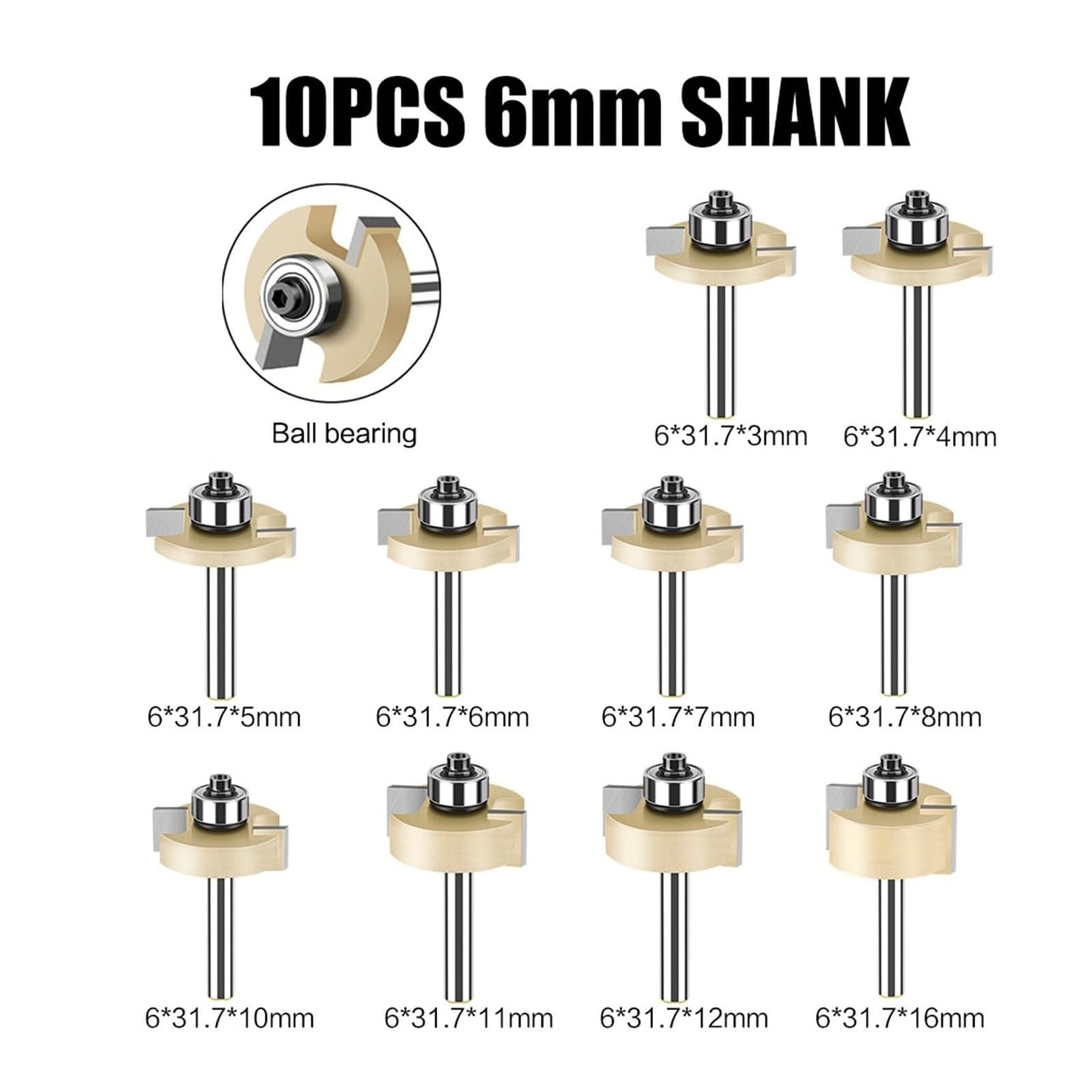 Fresa a T con doppio cuscinetto, gambo da 1/4 o 6 mm | Fresa a 2 taglienti con inserti in metallo duro per legno e MDF(10pcs 6mm)