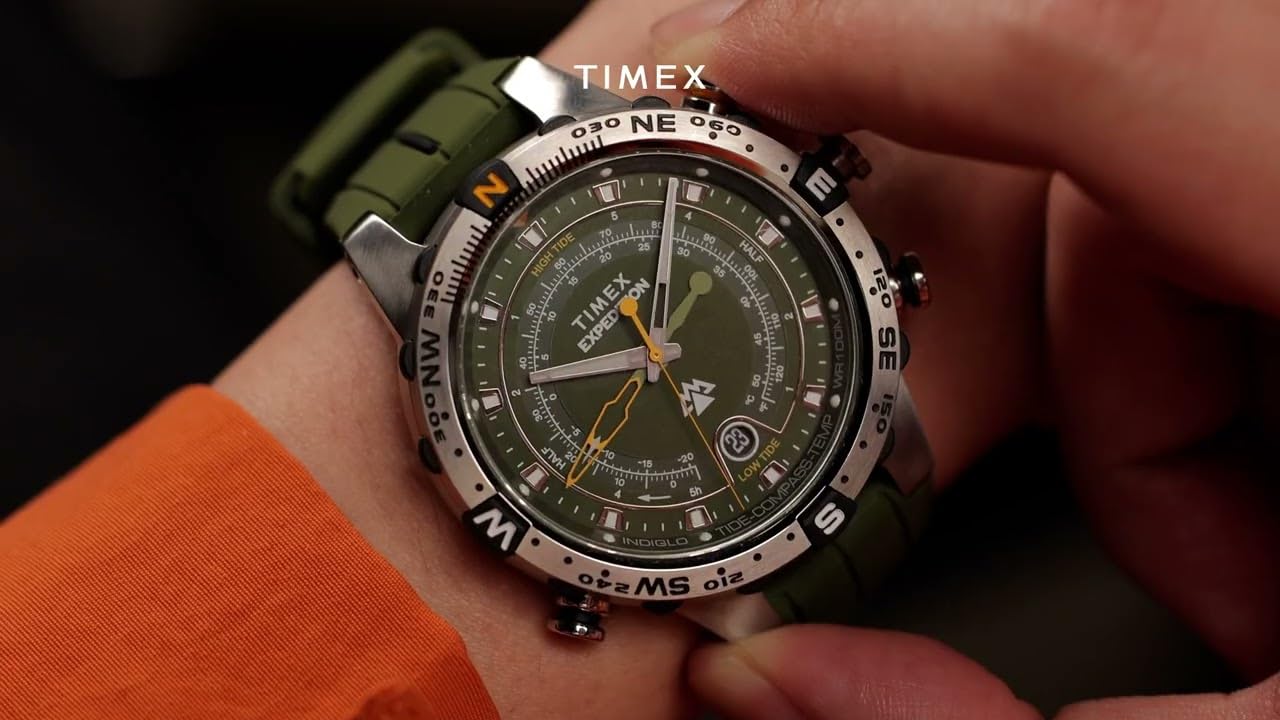 Timex TW2Y14400 Expedition Tide-Temp-Compass - Orologio al quarzo da uomo, 45 mm, cinturino in silicone verde con quadrante verde e cassa in acciaio inox