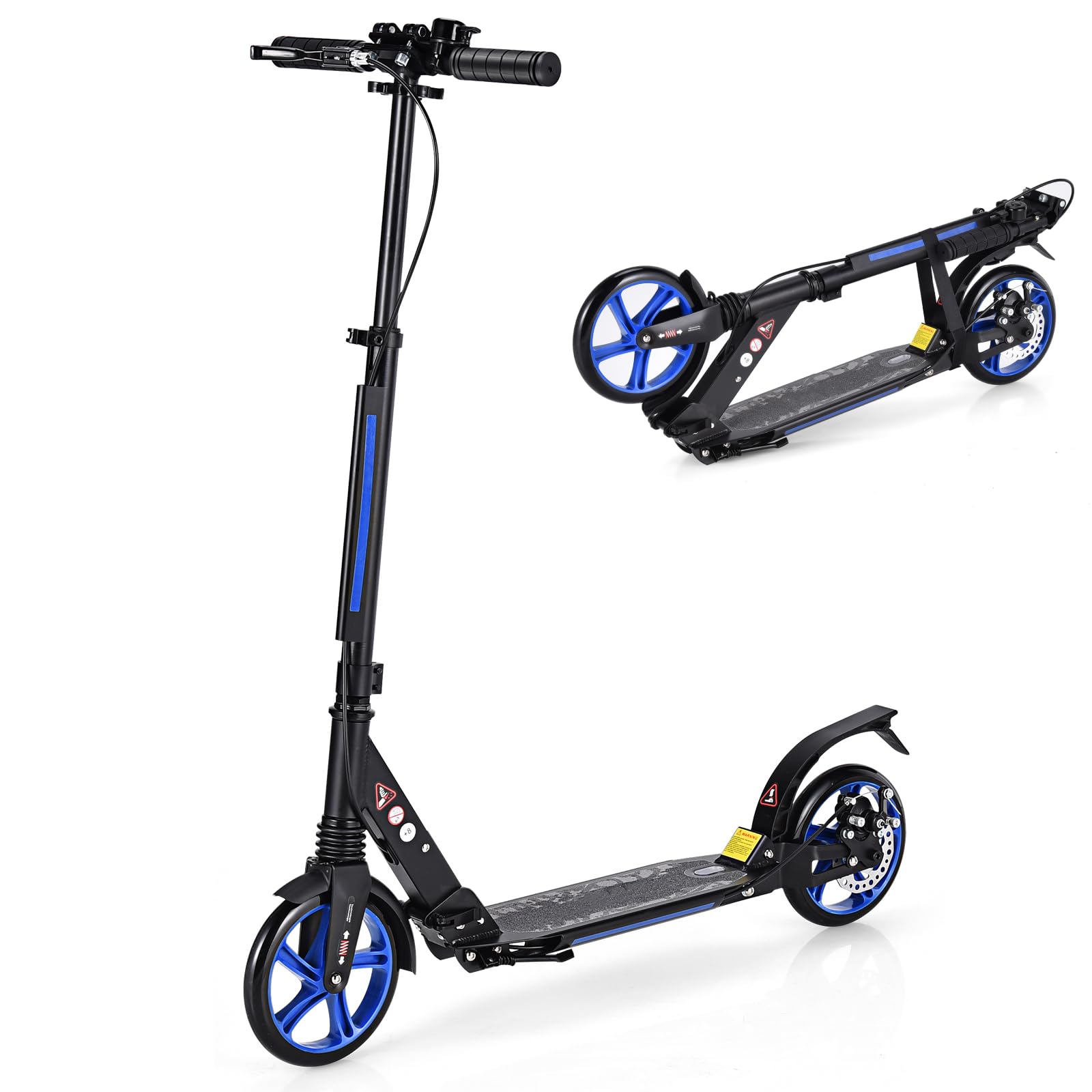 COSTWAY Folding Kick Scooter, 3 Heights Adjustable City Scooters with Big Wheels, Anti-Shocking Suspension and Carrying Strap, Lightweight Street Scooter for Kids, Teens and Adults (Blue)
