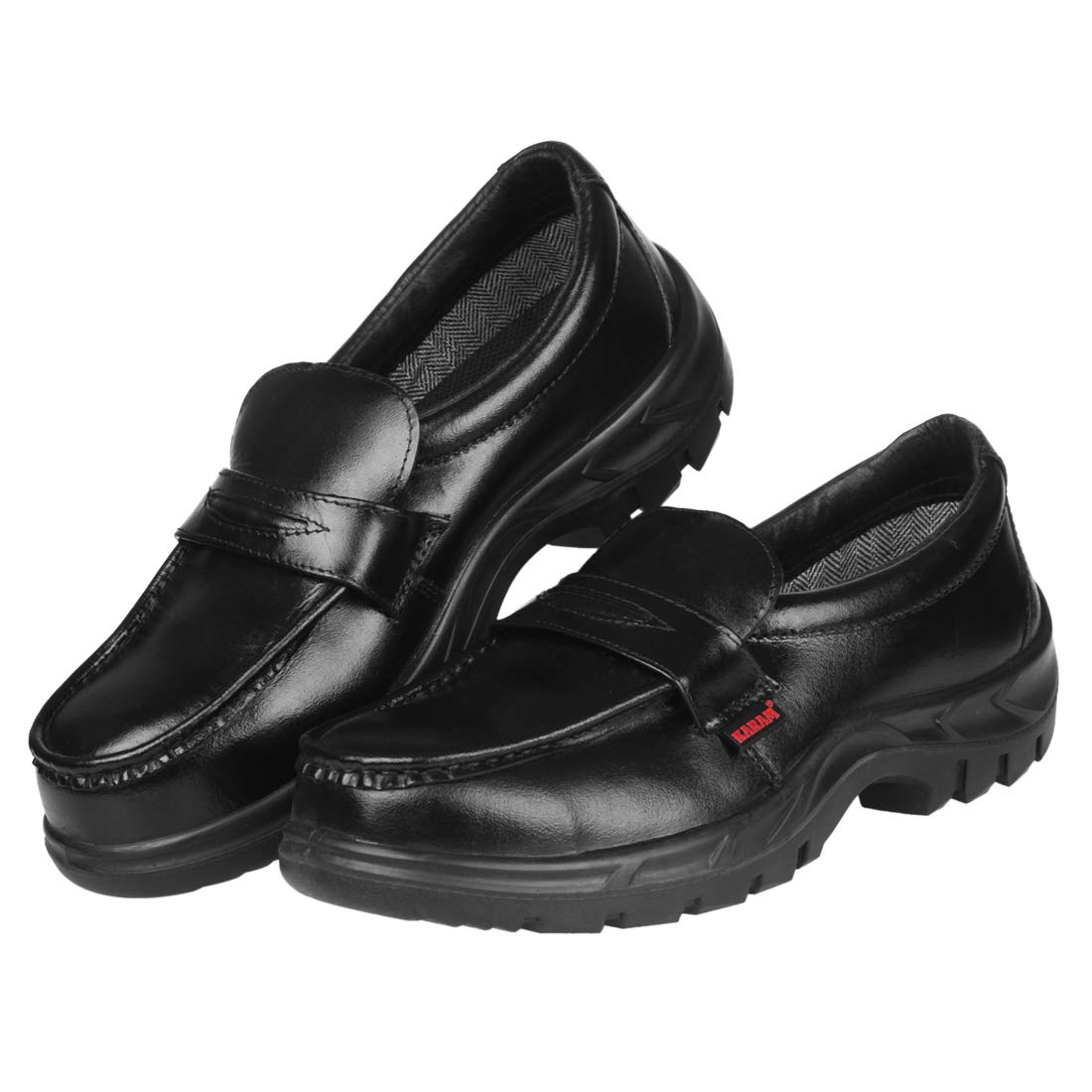 Karam FS72 Slip-On Buff Grain Black Safety Shoes for Men | Single Density |Fiber Toe | Black PU Sole | Antistatic, Antislip, Oil & Heat Resistant