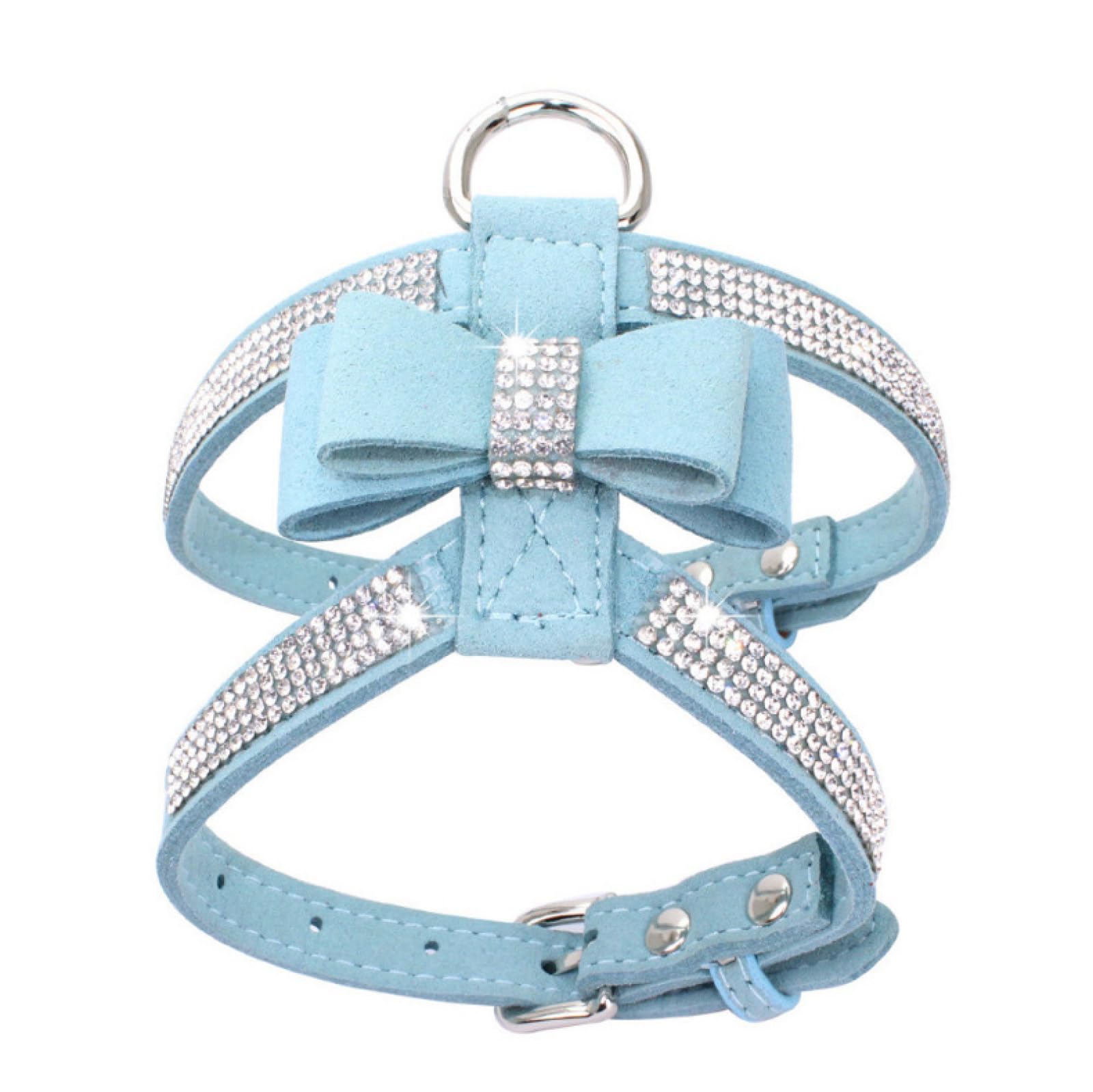 Inlaid Rhinestone Pet Harness Rhinestone Bow Small And Medium Dog Cat Harness Adjustable Dog Harness Durable PU Leather Dog Harness,Blue,M