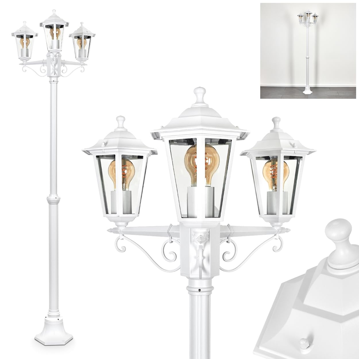 HOFSTEIN Lampe d'allée extérieure Loria, lampe d'allée en métal/verre en blanc/clair, candélabre à 3 flammes en look antique, hauteur max. 200 cm, éclairage de jardin IP44, 3 x E27, sans ampoules