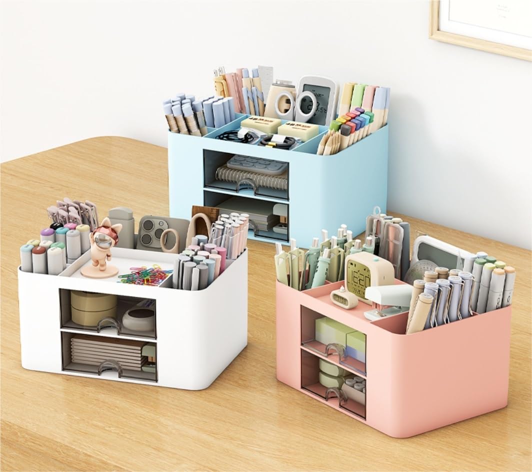 Organizzatore Scrivania Organizer da Scrivania con 2 Cassetti in Plastica Tavolo, Portapenne, Portacarte, Scatola Portaoggetti per Forniture Ufficio Ufficio(B)