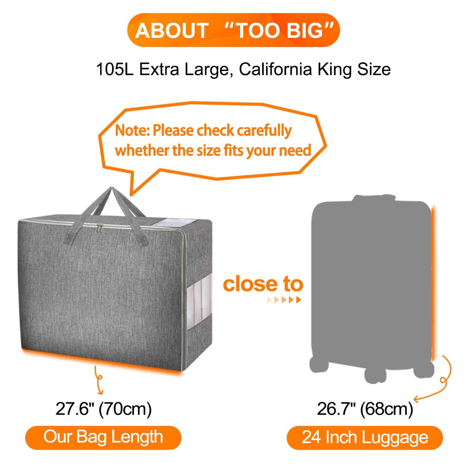 Paquete de 2 bolsas de almacenamiento de edredón de 105 litros, bolsas de almacenamiento extragrandes con ventana transparente, asas y cremalleras reforzadas, organizadores plegables de