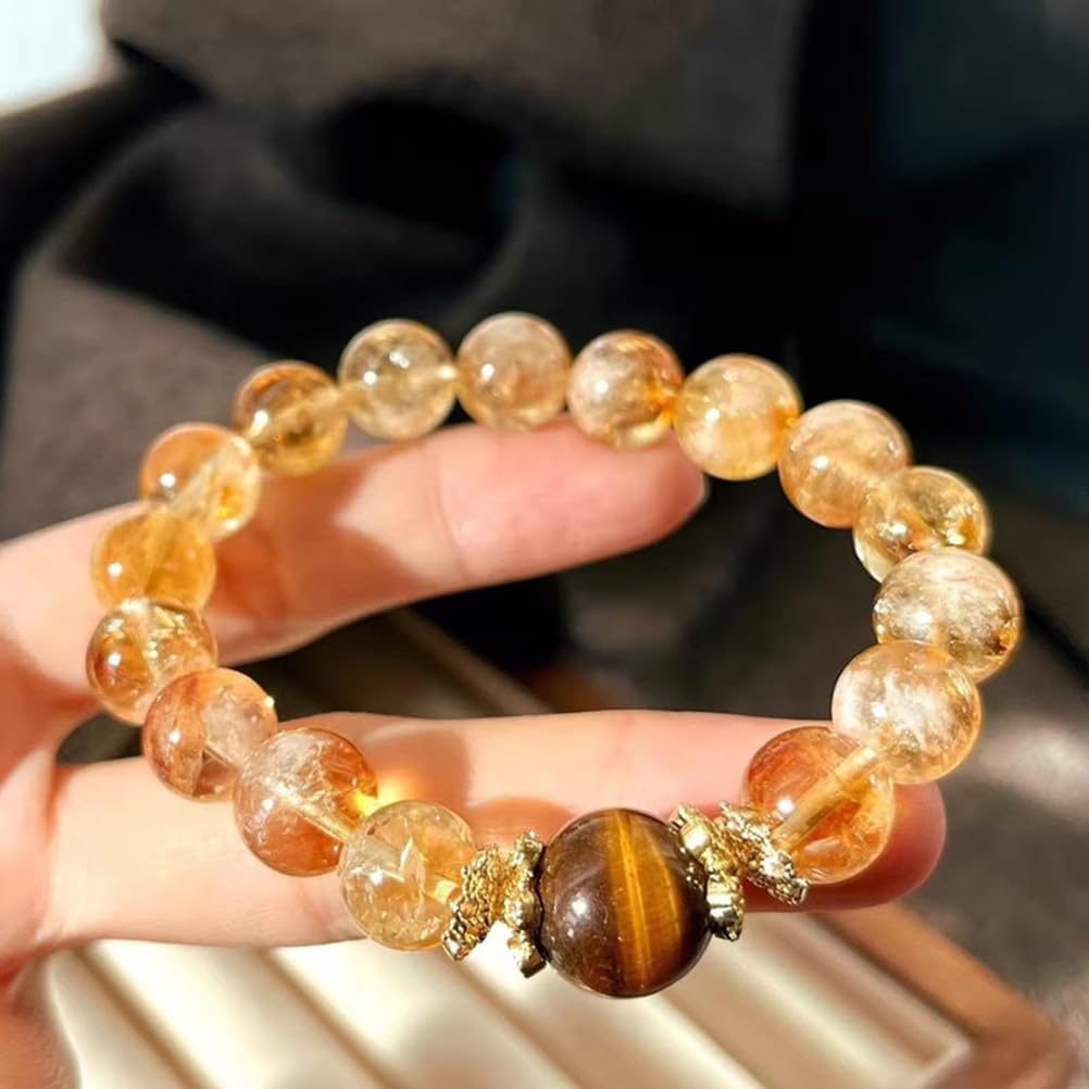 Citrin-Perlenarmband mit Tigerauge, natürlicher gelber Turmkristall für Damen und Herren, Stretch-Armbänder aus Edelsteinen für Reichtum und Glück, Schmuckgeschenk zum Geburtstag,10mm