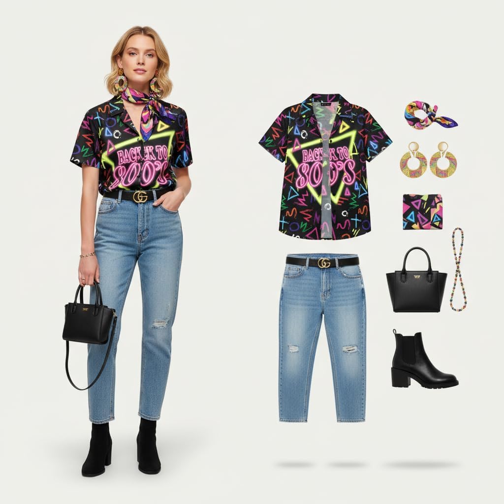 MYMORE 80s 90s Outfits for Women Retro 80's Print Short Sleeve Button Down Shirt Disco Party Hawaiian Shirts - Image 5