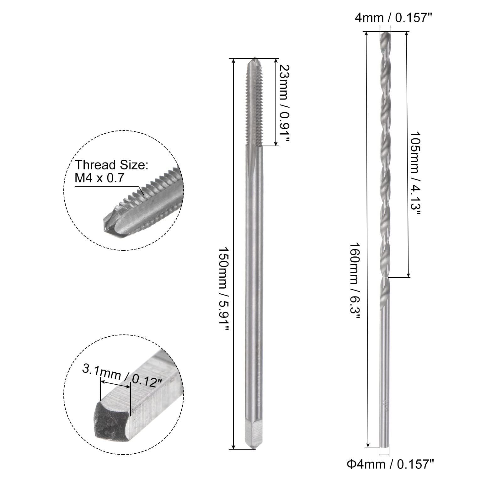 TOP-VIGOR Tap & Bit Sets, M4 x 0.7 H2 Straight Flute Machine Thread Milling Tap 150mm Extra Long - Image 2