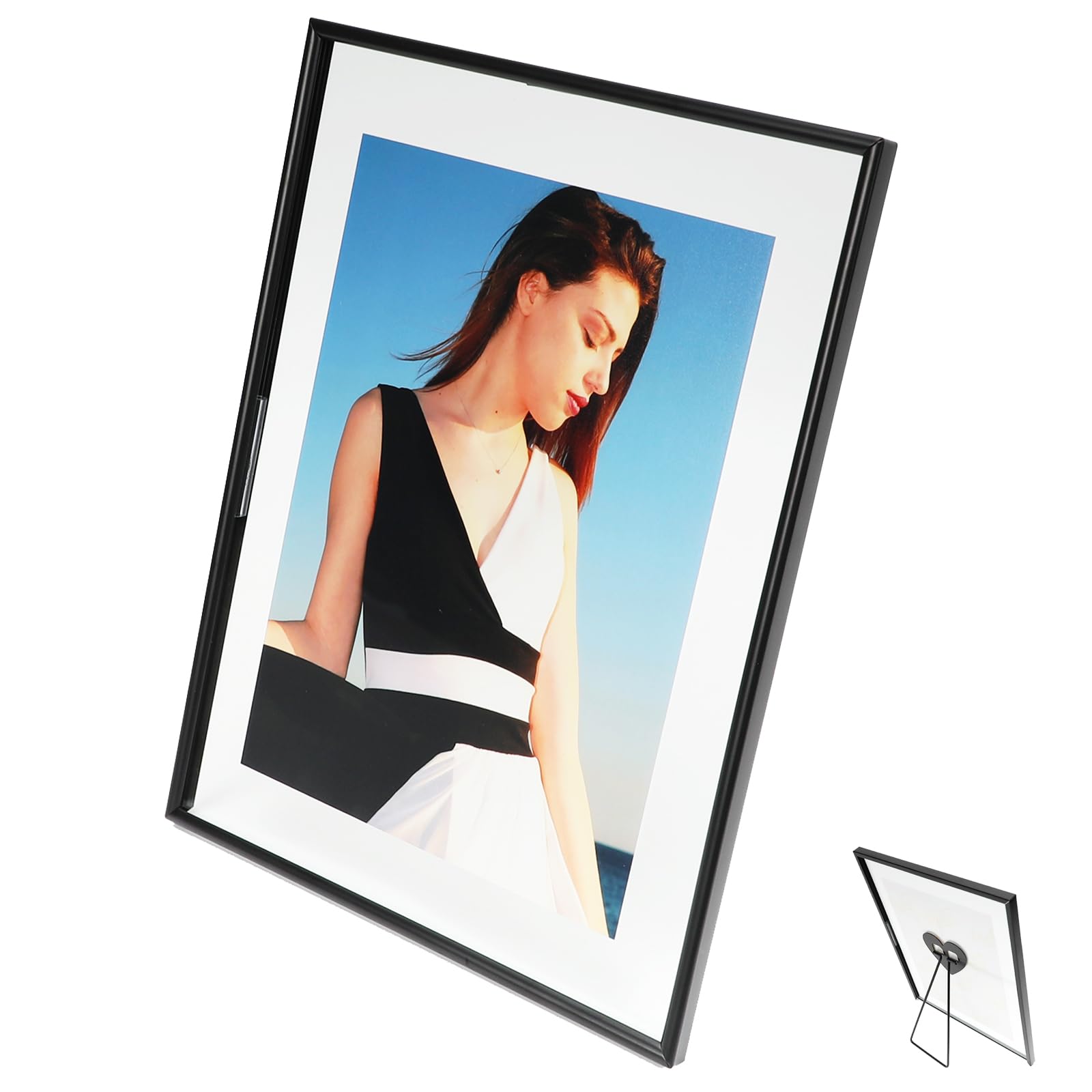 Black Floating Frame 8x10 inches with Romantice Heart Stand, For Picture 7x9,6x8,5x7, Tabletop Shelf Photo Frames, Modern Minimalist Style, Classy Gift For Festival, Home or Wedding Decoration