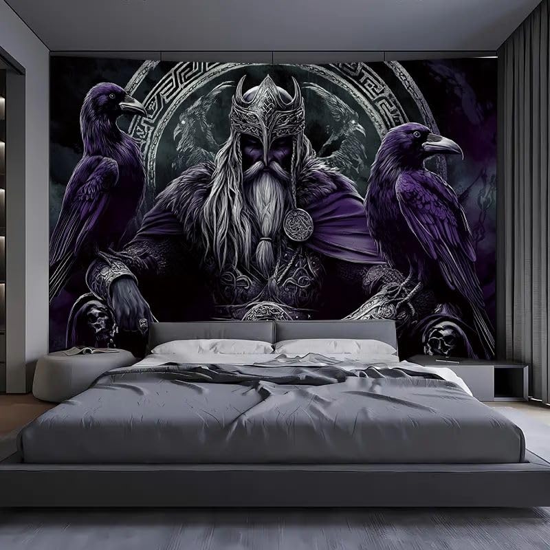 FENDROM Nordischer Wikinger-Tapisserie, Odin, Krieger, Schwert, Axt, Rabe, Wandteppich, quadratischer Knoten, Tattoo, Wandbehang, nordische Meditation, Runen für Herren, Schlafzimmer, ästhetisch,